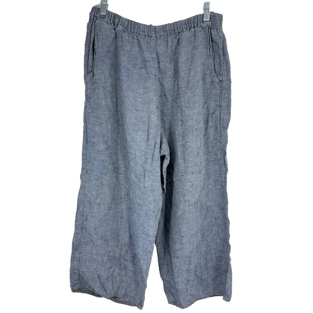 FLAX Women M Linen Pant Wide Leg Cropped Stretch Blue Breathable Lightweight